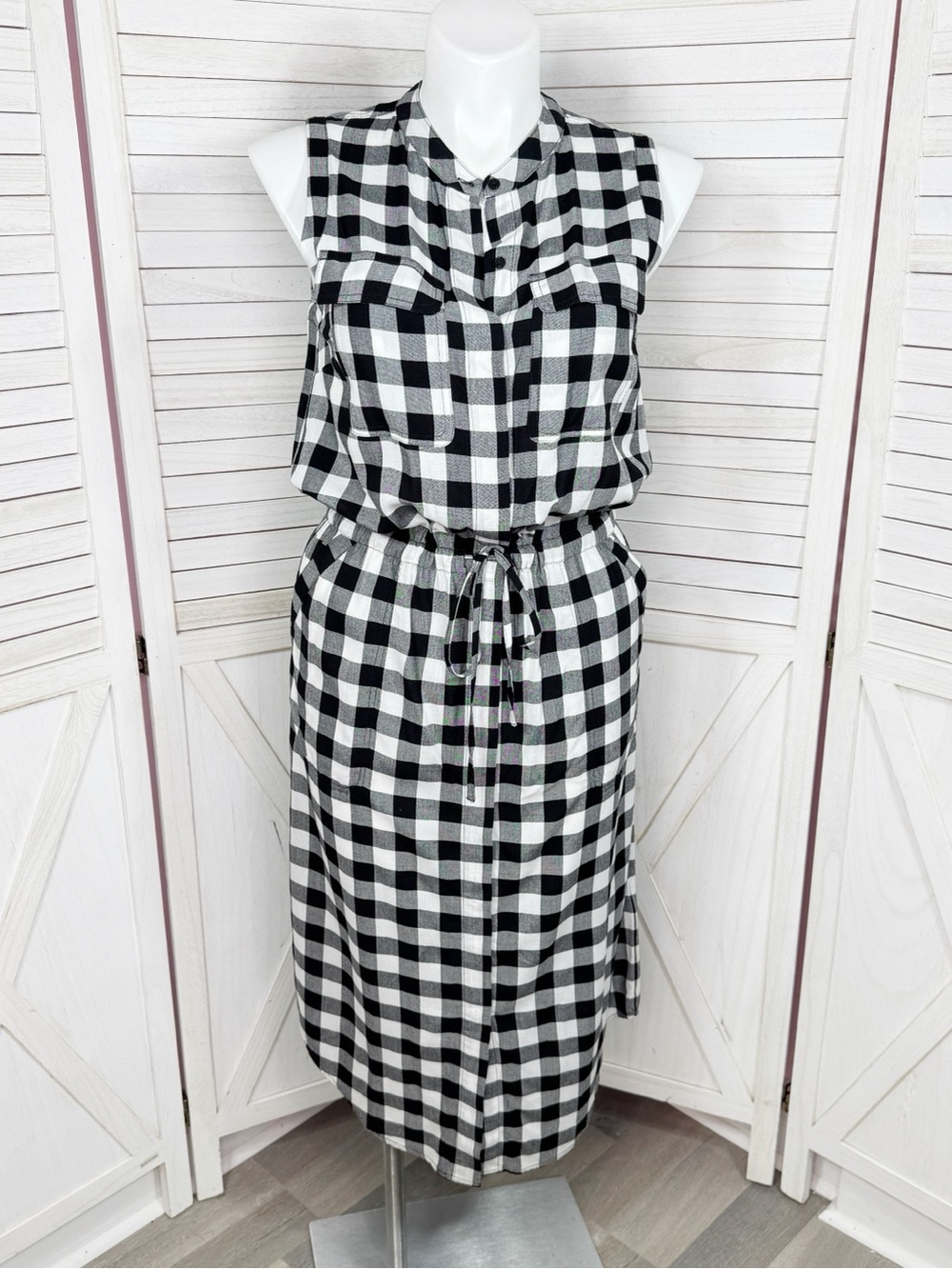 Banana‎ Republic Buffalo Check Sleeveless Cinch Waist Shirt Dress Black White 12